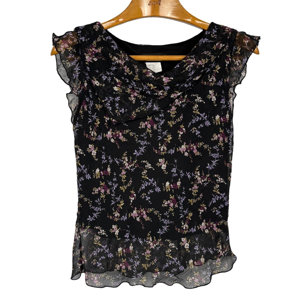 CDC Floral Cowl Neck Flutter‎ Sleeve Blouse Size 8 Black Purple Sheer Layered